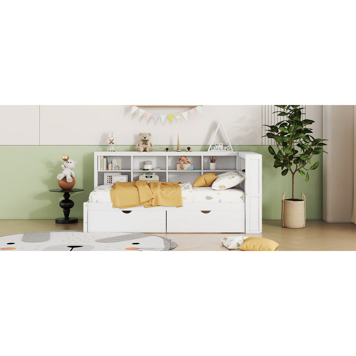 variant-group:rf-n733s347768k|Roomfitters Wooden Twin Daybed with Underbed Storage, Built-In Shelf & USB Charging Ports, White