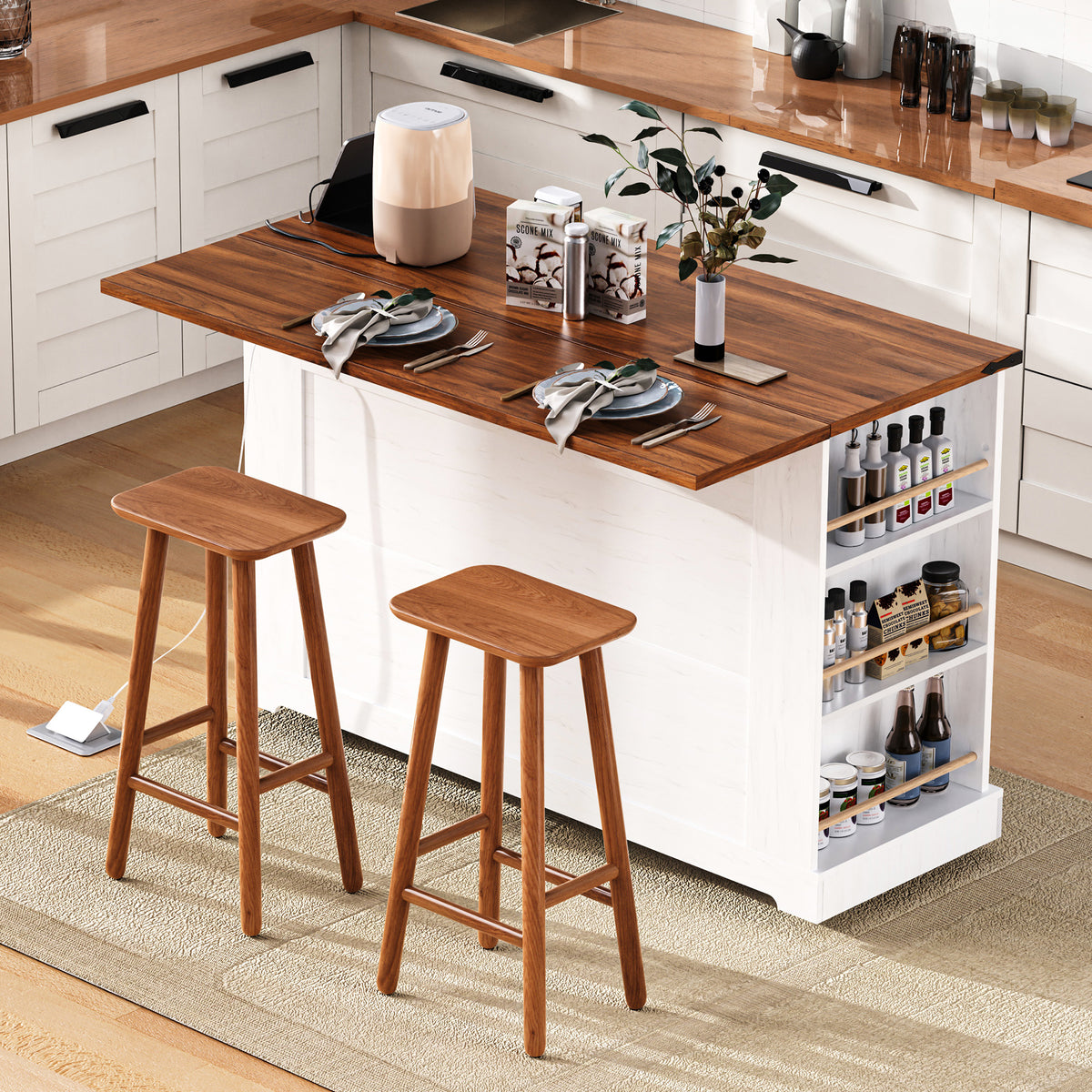 variant-group:rf-n707p263637w|Roomfitters 53" Rolling Kitchen Island with Drop Leaf, Mobile Cart with Glass Doors, 5 Side Shelves & Power Outlets, White
