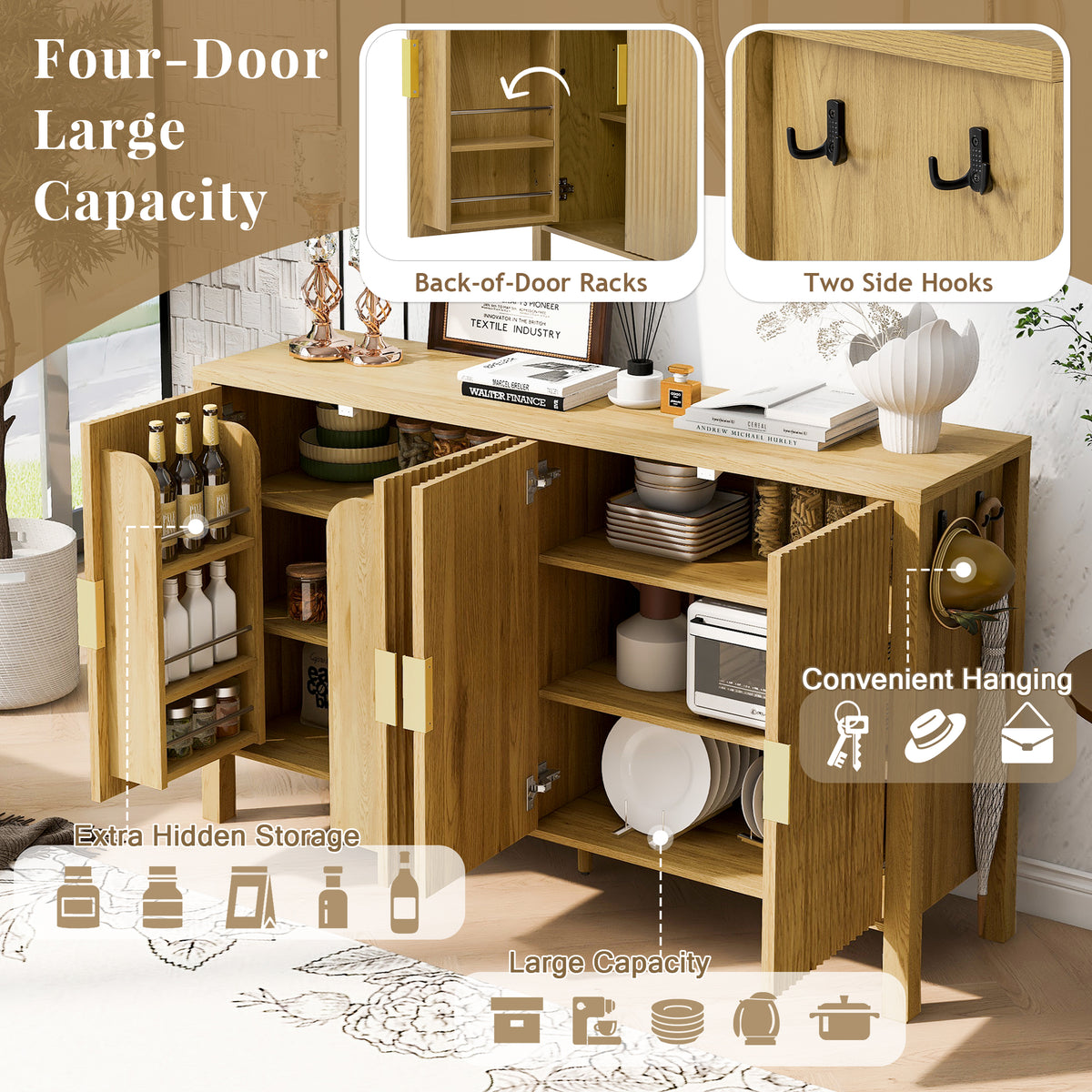variant-group:rf-n711p345170o|Roomfitters 57.5" Sideboard Buffet Cabinet with 3 Door Mid-century Modern Fluted Storage for Kitchen & Dining Room, Natural
