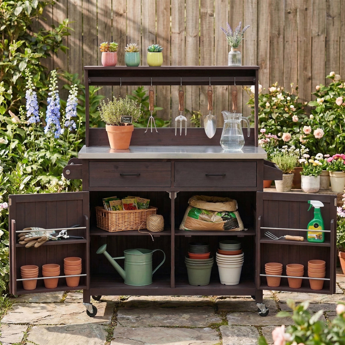 variant-group:rf-n707p409087z|Roomfitters 54.1" Grill Cart, Outdoor Kitchen Prep Station with Stainless Steel Top and Propane Tank Storage, Dark Brown