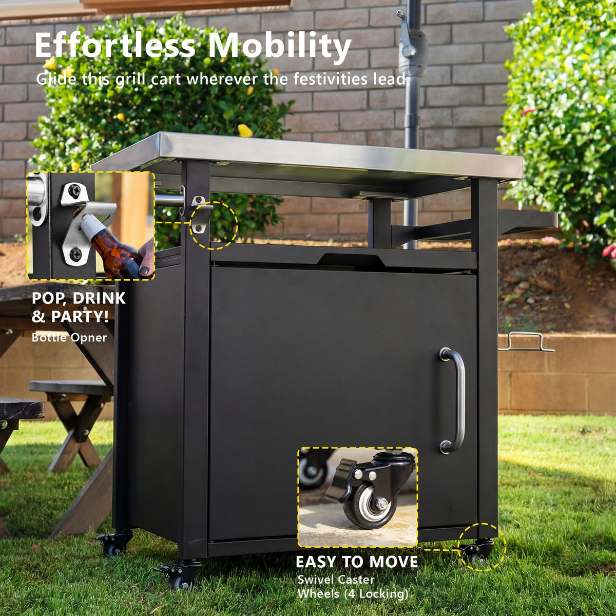 Roomfitters 39.5" Grill Cart with Stainless Steel Top, Outdoor Kitchen Island, BBQ Prep Station with Trash Bag Holder, Black