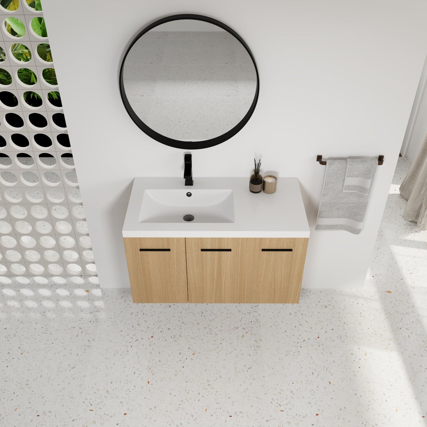 36" Wall-Mounted Floating Bathroom Vanity with Sink, Light Oak, 3-Door Modular Cabinet (2-Door + 1-Door), Gel Coat Integrated Sink Top, 3 Boxes, Ready-to-Assemble Roomfitters