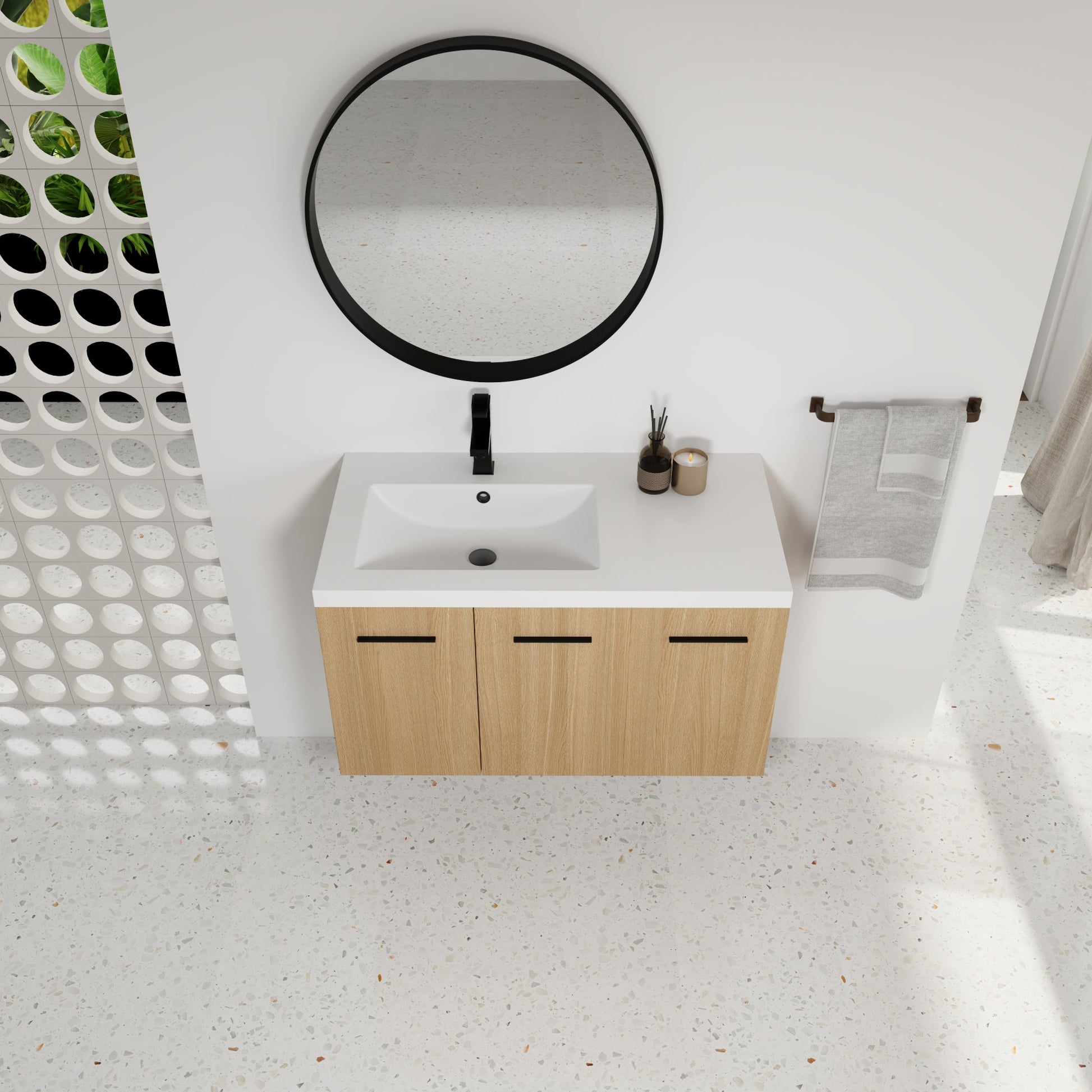 36" Wall-Mounted Floating Bathroom Vanity with Sink, Light Oak, 3-Door Modular Cabinet (2-Door + 1-Door), Gel Coat Integrated Sink Top, 3 Boxes, Ready-to-Assemble Roomfitters