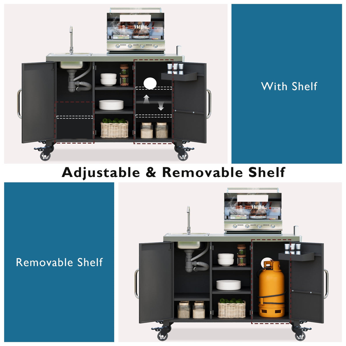 Roomfitters 55.5" Outdoor Kitchen Island with Stainless Steel Sink, Rolling Grill Prep Cart & Storage Cabinet, Black