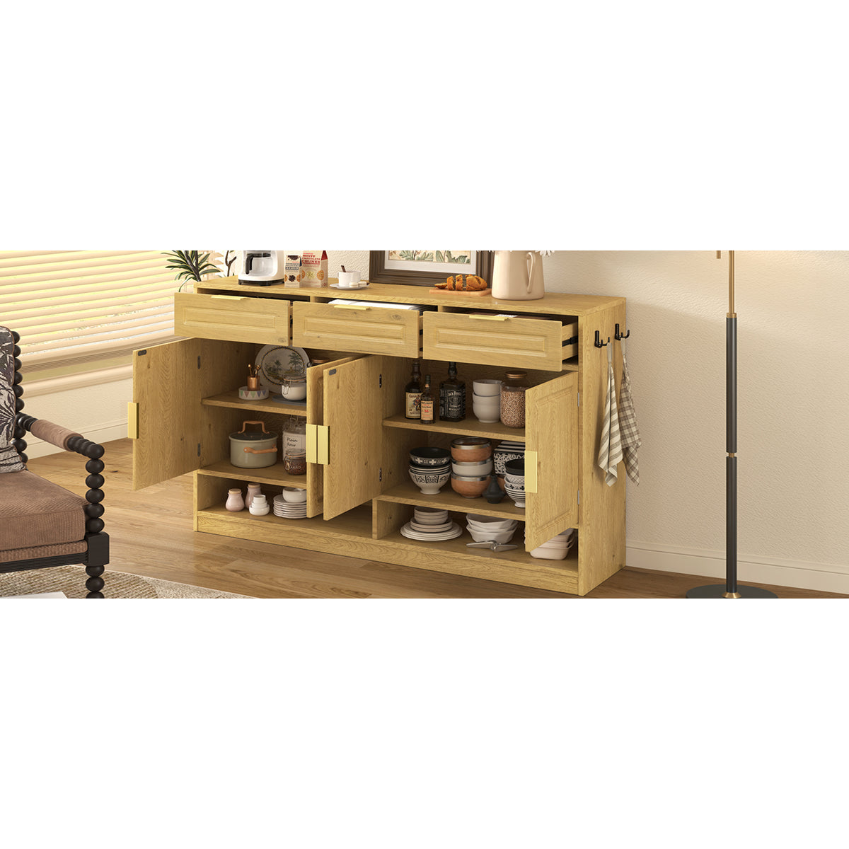 variant-group:rf-n711p345213o|Roomfitters 59.1" Farmhouse Sideboard Buffet Cabinet with 3 Drawers and 4 Doors, Kitchen Storage with Open Shelf, Natural