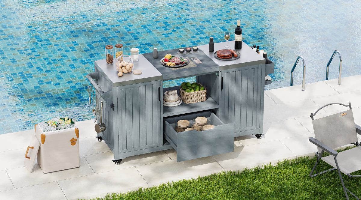 variant-group:rf-n707p250629g|Roomfitters 66.5" Outdoor Kitchen Island for Big Kamado Grills, Wood Grill Cart with Stainless Steel Top, Storage, Grey Blue