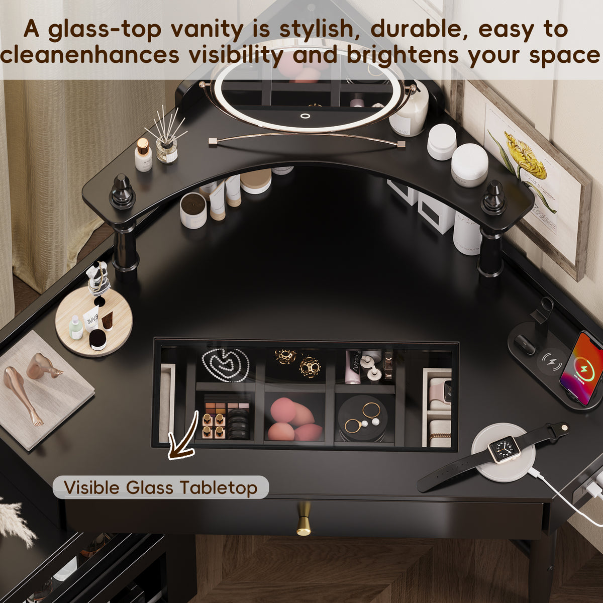 variant-group:rf-n733p336237b|Roomfitters Corner Vanity Desk Set with Stool, Charging Station, Glass Top, Drawer, Shelf, Pull-Out Cabinet, Black