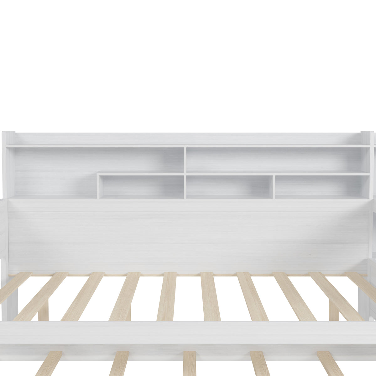 Roomfitters Wooden Full Size Daybed with Storage Shelves, Multi-functional Bed with Twin Size Trundle Bed and Study Desk, Antique White