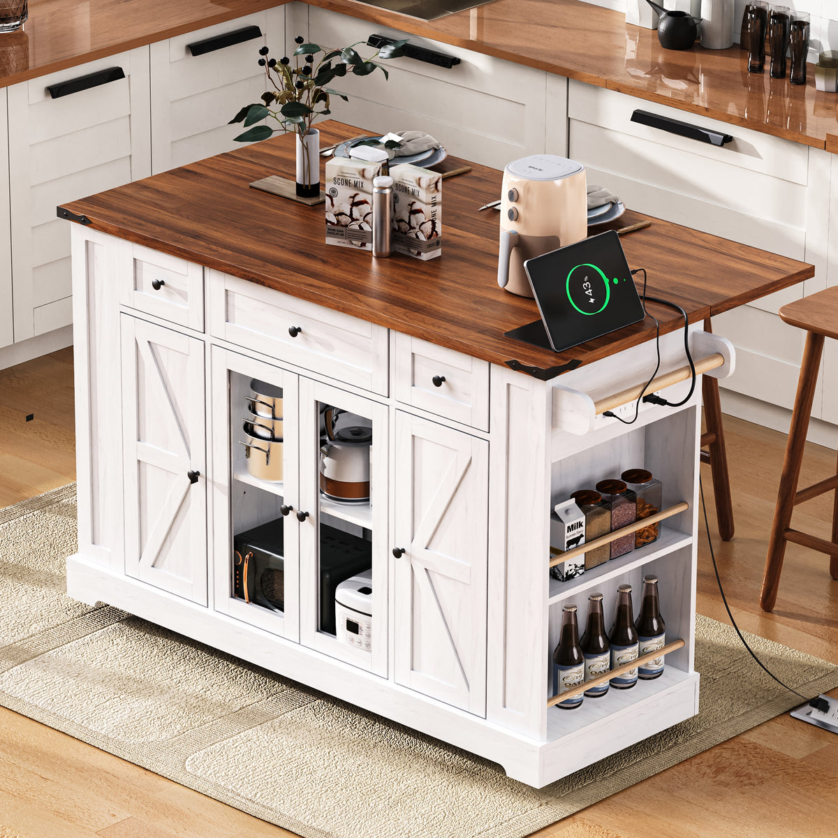 variant-group:rf-n707s263637w|Roomfitters 53" Kitchen Island with Power Outlet, 4 Doors and 3 Drawers, Rolling Storage Cabinet with Glass Doors, White