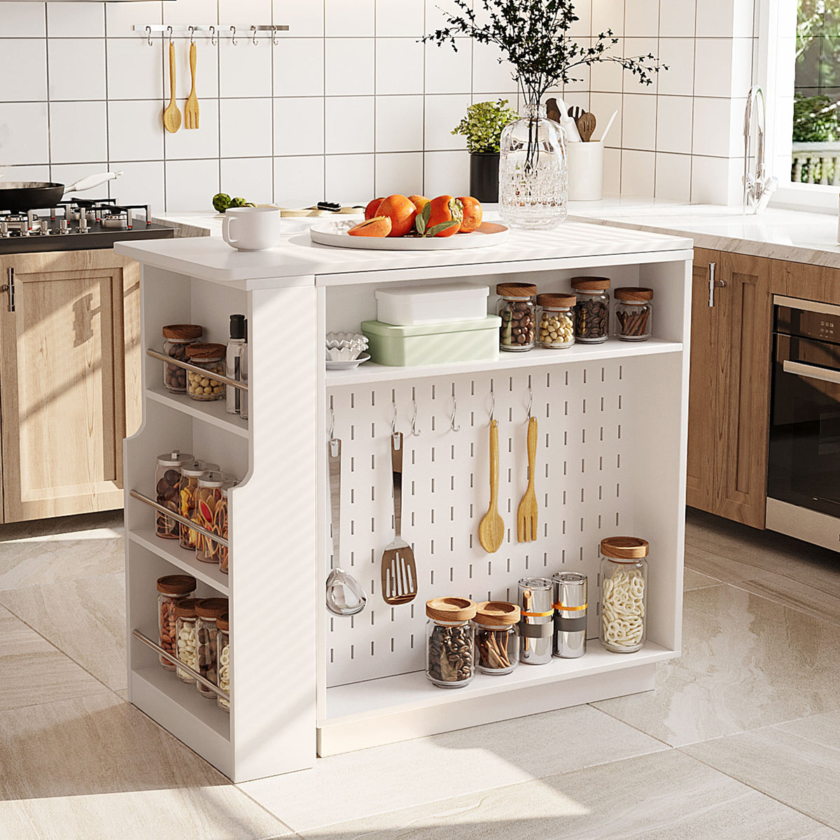 variant-group:rf-n711p437809k|Roomfitters White MDF Counter Height Kitchen Island Sideboard Cabinet, Extendable Table, Acrylic Sliding Doors