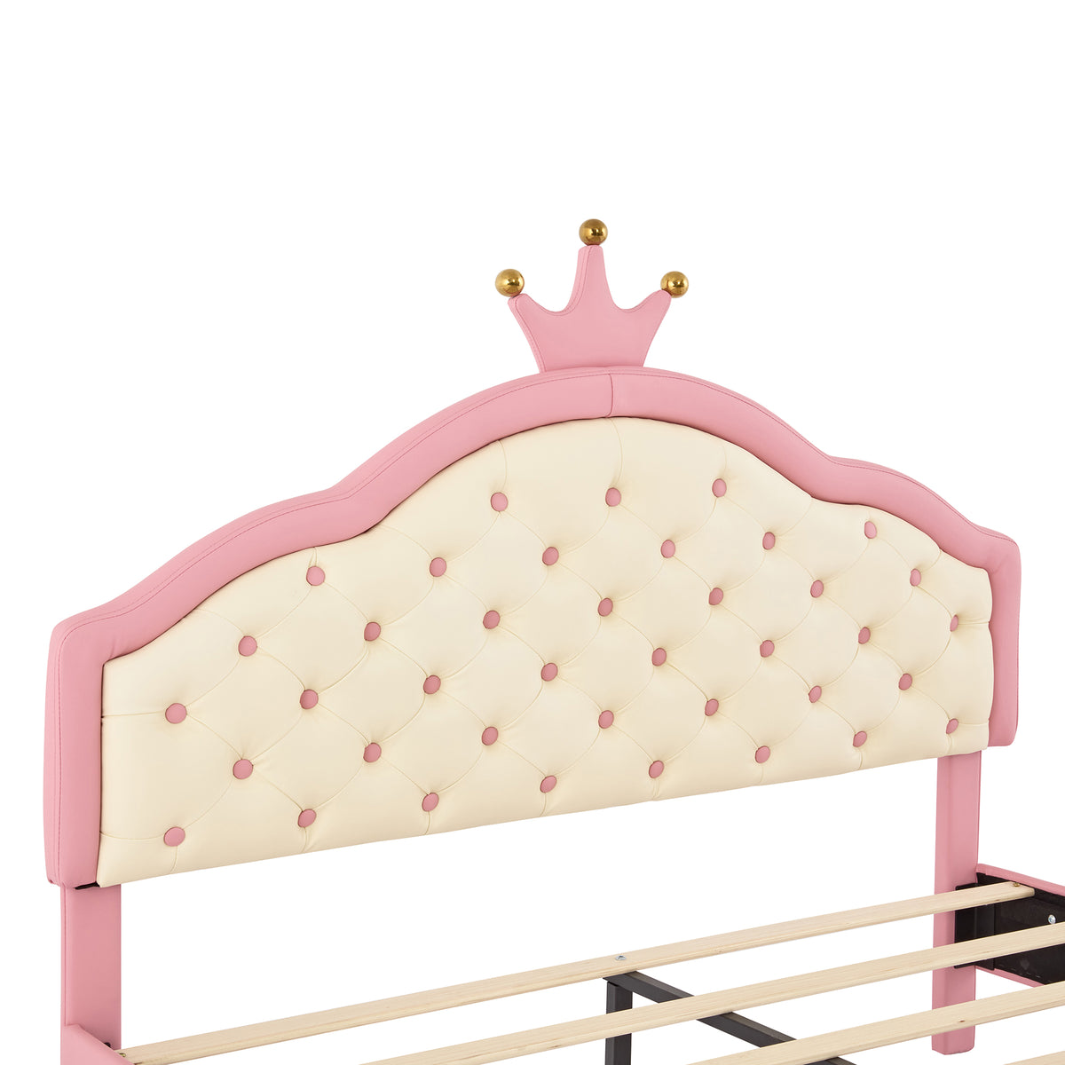 variant-group:rf-n733p198762h|Roomfitters Full Size Upholstered Princess Bed with Crown Design, Elegant PU Leather Platform Bed with Tufted Headboard for a Stylish Bedroom, Pink + Cream