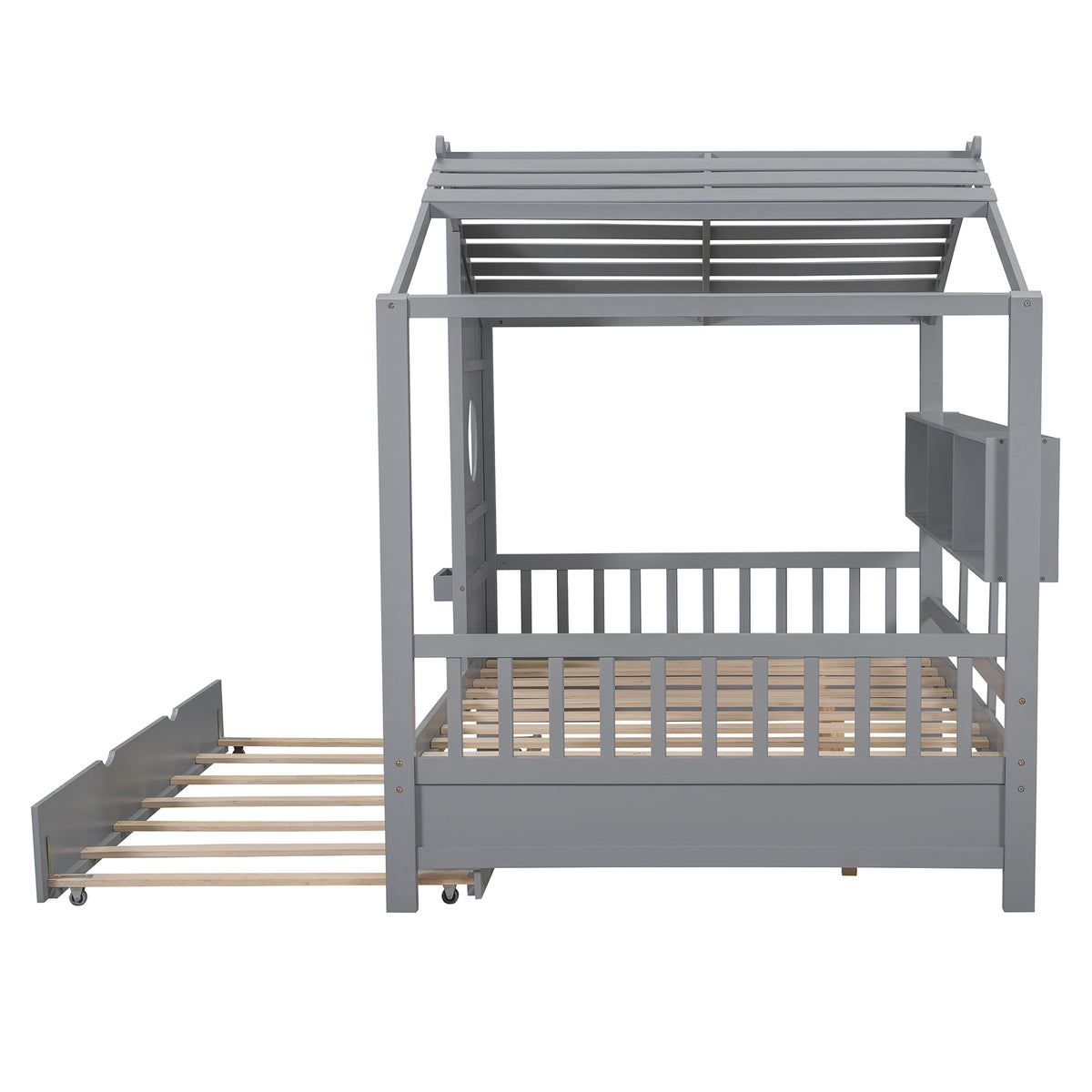 variant-group:rf-n733s316125e|Roomfitters Wooden Full Size House Bed with Trundle and Storage Shelf, Gray