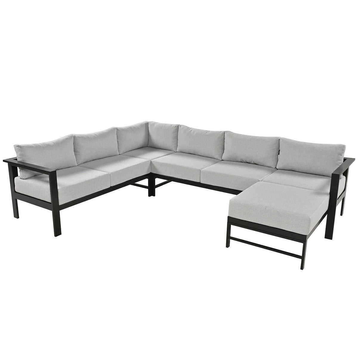 Roomfitters Modern U-Shaped Outdoor Sectional Sofa Set, 5-6 Seat Patio Conversation, Grey Cushions, Iron Frame Pit Roomfitters