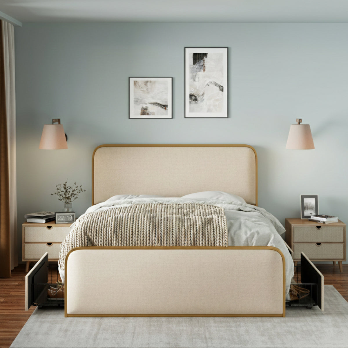 variant-group:rf-n701p229016c|Roomfitters Queen Size Upholstered Platform Bed Frame with Gold Metal Trim, Padded Curved Headboard & Footboard, Beige+Gold