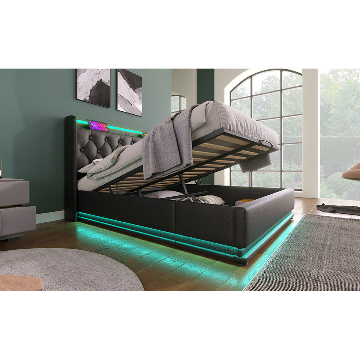 variant-group:rf-n736p188807b|Roomfitters Queen Size Upholstered Storage Bed with USB Type-C Charging and Remote Control, Faux Leather Black