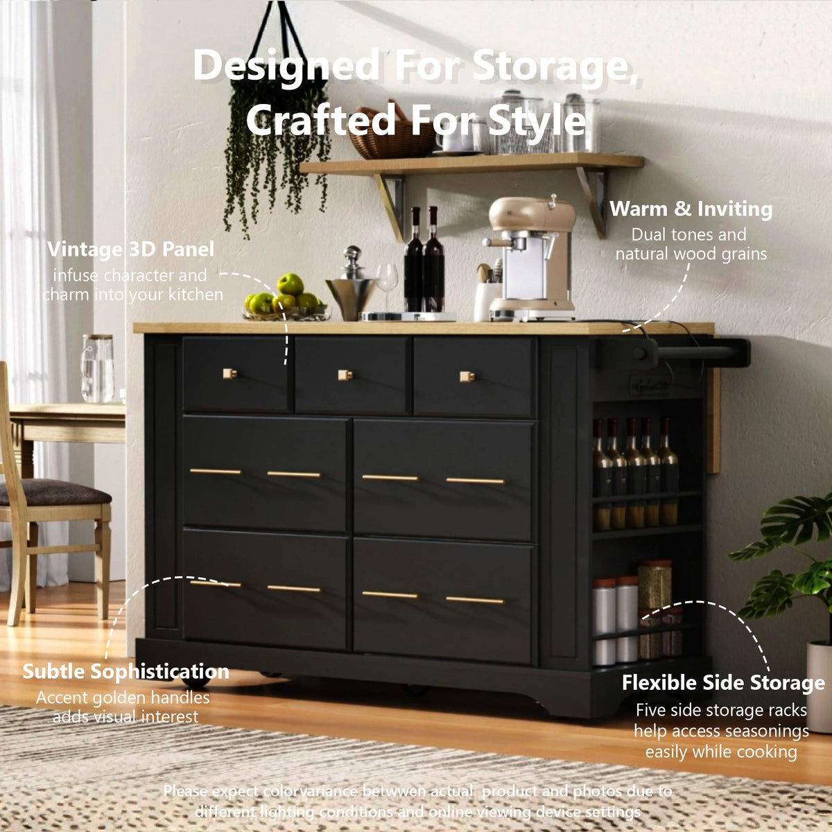 variant-group:rf-n707s307292b|Roomfitters 51" Kitchen Island with Power Outlet and Drop Leaf, Rolling Cabinet with Pull-Out Trash Can Drawer, Black