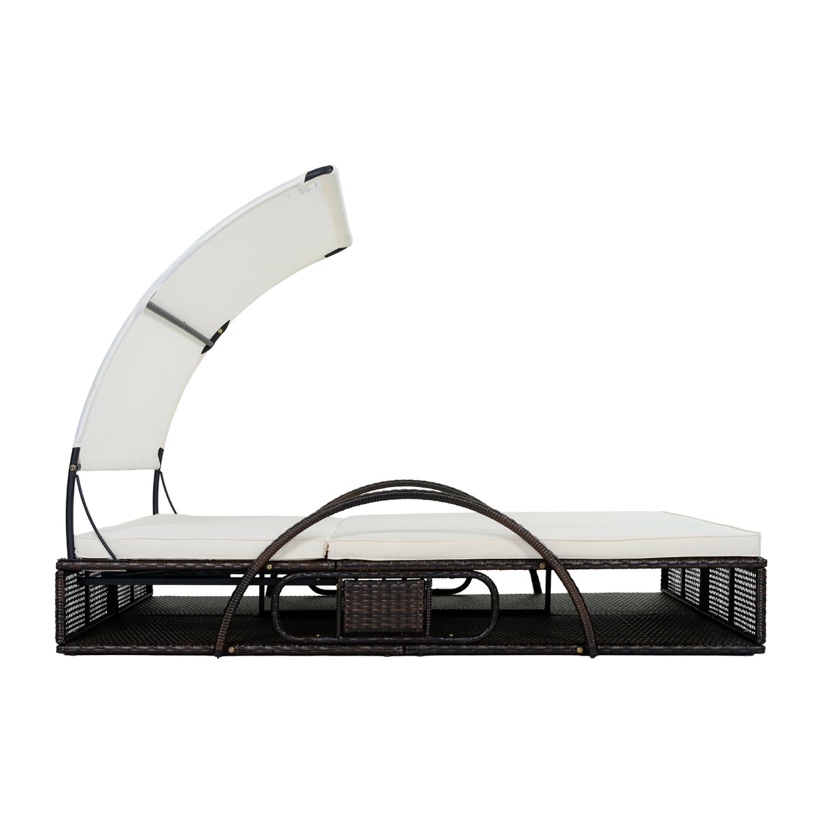 variant-group:rf-n711wy000485aaa|Roomfitters Beige HDPE Wicker Outdoor Double Sunbed, Steel Frame Patio Chaise, Hidden Side Tables, Canopy Shade