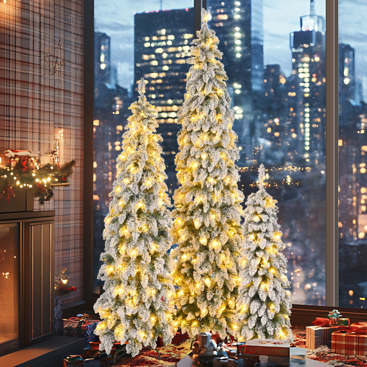 Roomfitters Pre-Lit Pencil Christmas Tree Set 8FT 6FT 4FT, Slim Snow-Flocked Artificial Trees with 1455 Tips, White Roomfitters