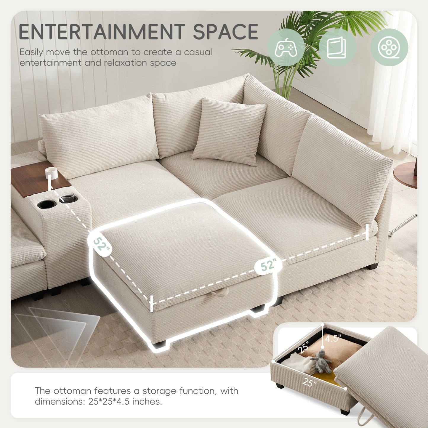 variant-group:rf-n723s1166a|Roomfitters 139 Inch U-Shaped Modular Sectional Sofa with Storage Console, Cup Holders and USB Ports for Living Room, Beige