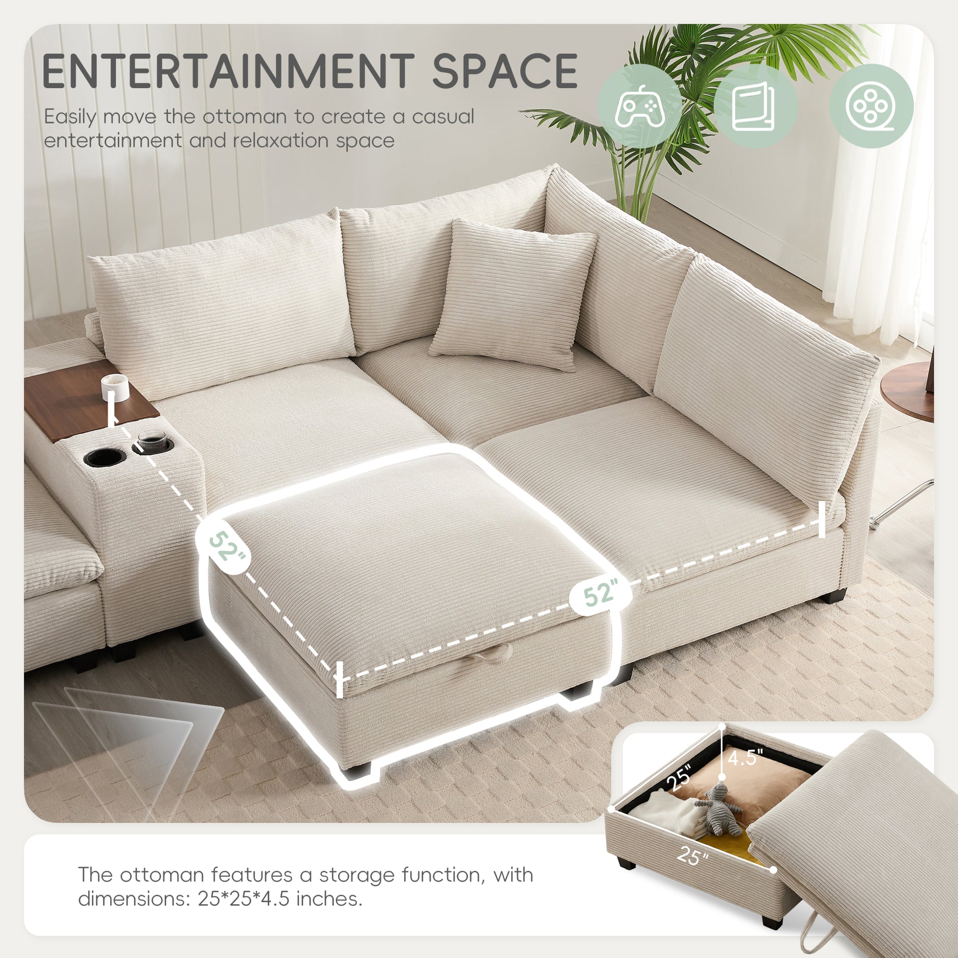 variant-group:rf-n723s1166a|Roomfitters 139 Inch U-Shaped Modular Sectional Sofa with Storage Console, Cup Holders and USB Ports for Living Room, Beige