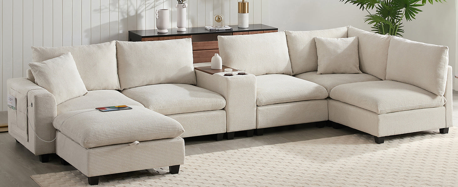 variant-group:rf-n723s1166a|Roomfitters 139 Inch U-Shaped Modular Sectional Sofa with Storage Console, Cup Holders and USB Ports for Living Room, Beige