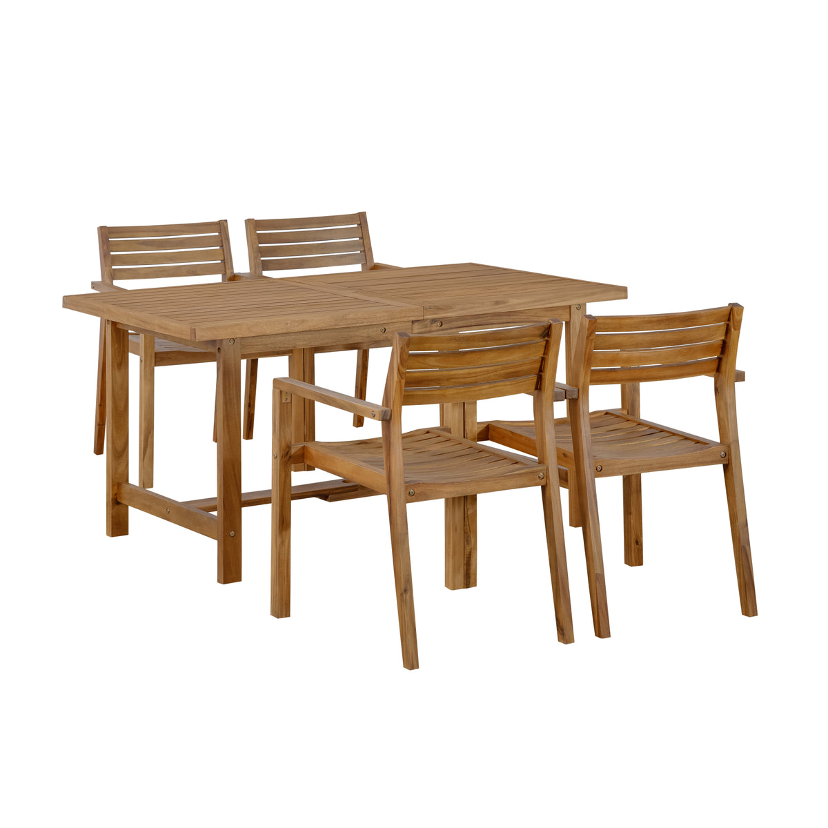 variant-group:rf-n711wy000477aao|Roomfitters Farmhouse 5-Piece Outdoor Dining Set for 4, 59-Inch Rectangular Table, Umbrella Hole, Natural Wood Patio