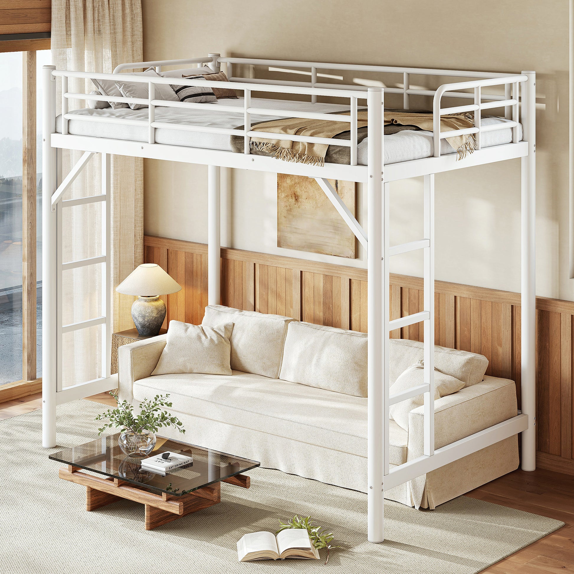 variant-group:rf-w1580p455012|Roomfitters Twin Size Metal Loft Bed Frame with Guardrails, Heavy Duty Space Saving High Loft Bed Dual Ladders, White
