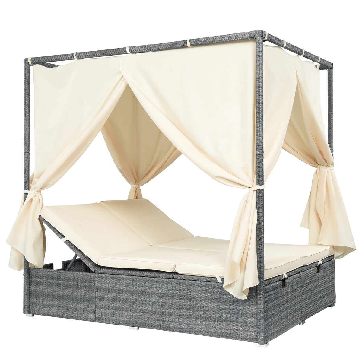 variant-group:rf-n711wy000471aaa|Roomfitters Modern Tropical Beige PE Rattan Outdoor Double Sun Lounger, Patio Daybed, Adjustable Recline, Canopy