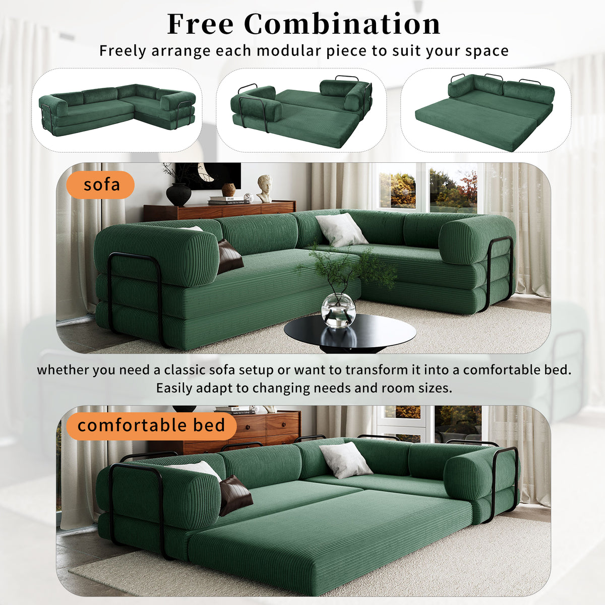 variant-group:rf-n711wy000463aac|Roomfitters Modern L-Shaped Modular Sofa Bed, Corduroy Convertible Sleeper Sectional Couch with Industrial Metal Frame, Green
