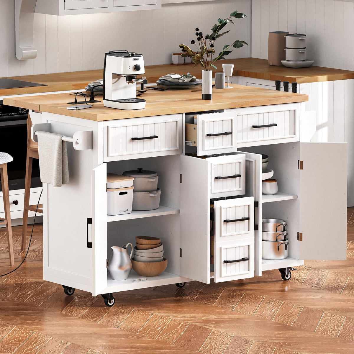 Roomfitters 56.5" Kitchen Island with Drop Leaf, Rolling Kitchen Cart with 5 Storage Drawers, Spice Rack & Towel Holder, White