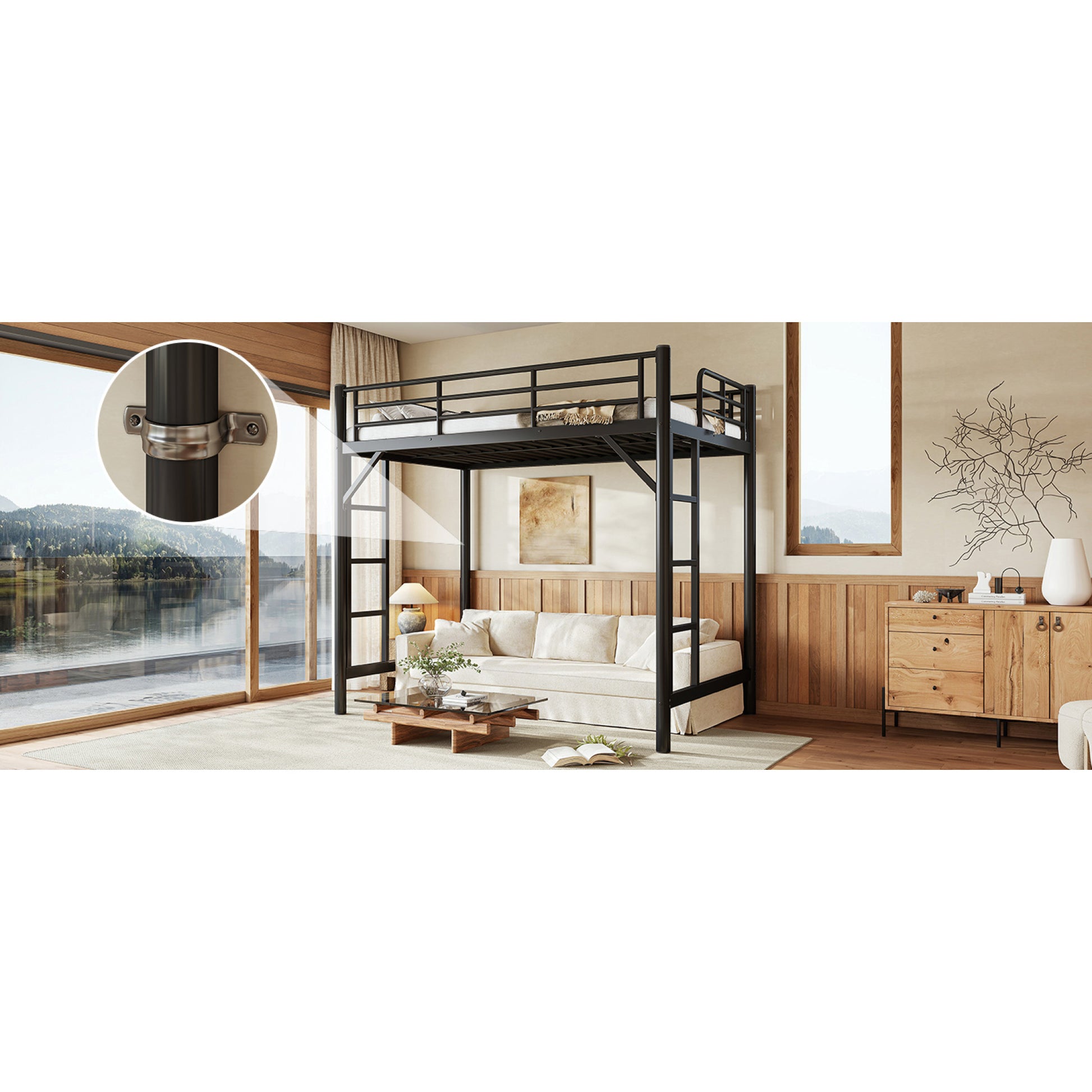 variant-group:rf-w1580p455010|Roomfitters Twin Size Metal Loft Bed Frame with Guardrails, Heavy Duty Space Saving High Loft Bed Dual Ladders, Black