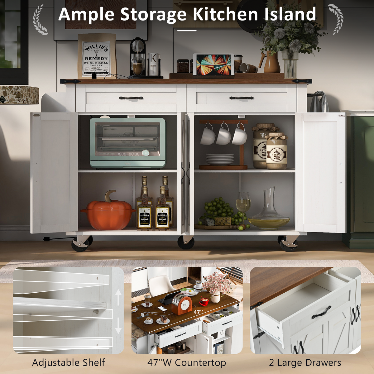 Roomfitters 53.5" Kitchen Island with Power Outlet and Drop Leaf, Rolling Storage Cabinet with Spice Rack, Modern Style, White