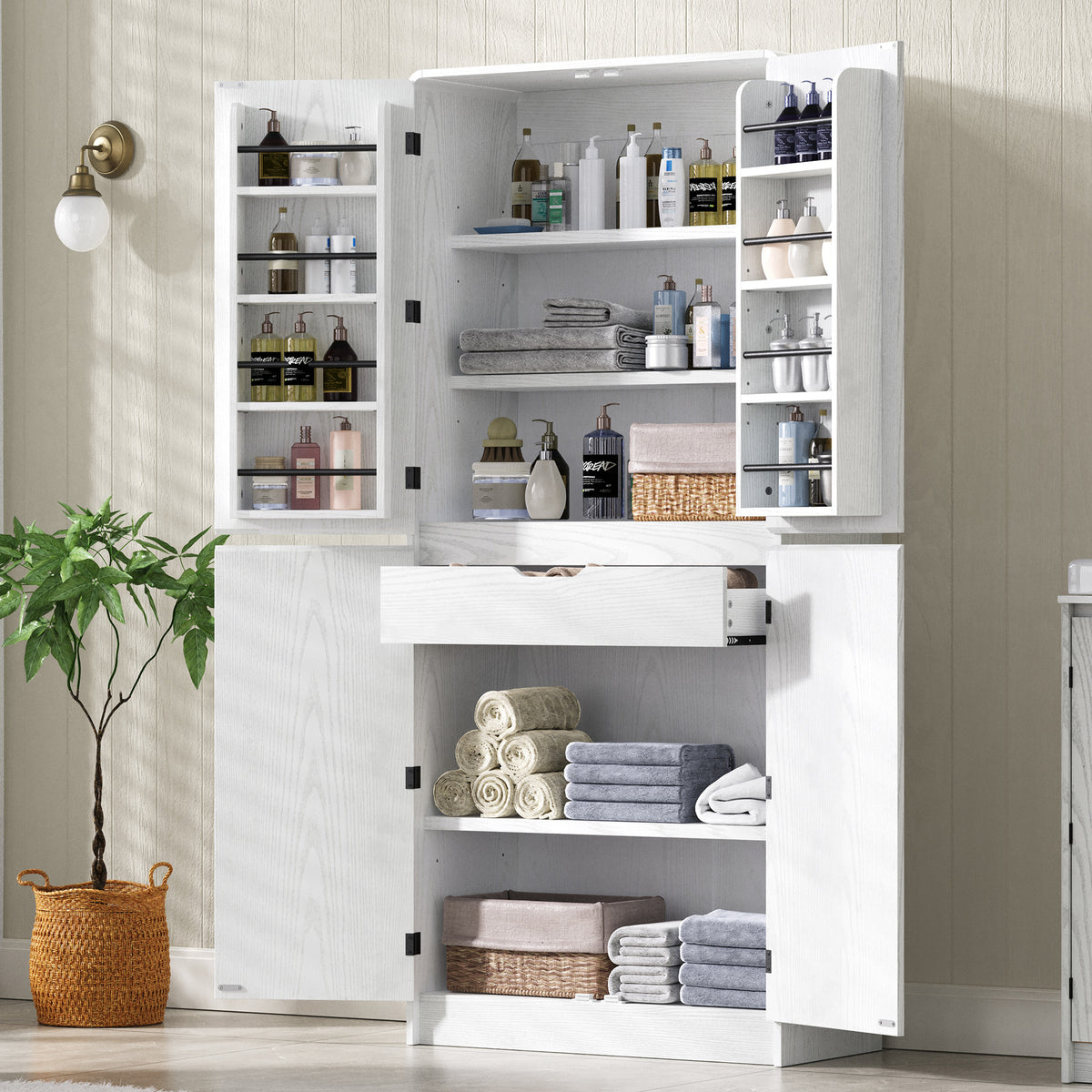 variant-group:rf-n707s000021w|Roomfitters 72" Tall Farmhouse Kitchen Pantry Cabinet with Curved Profile & 8 Door Shelves, White