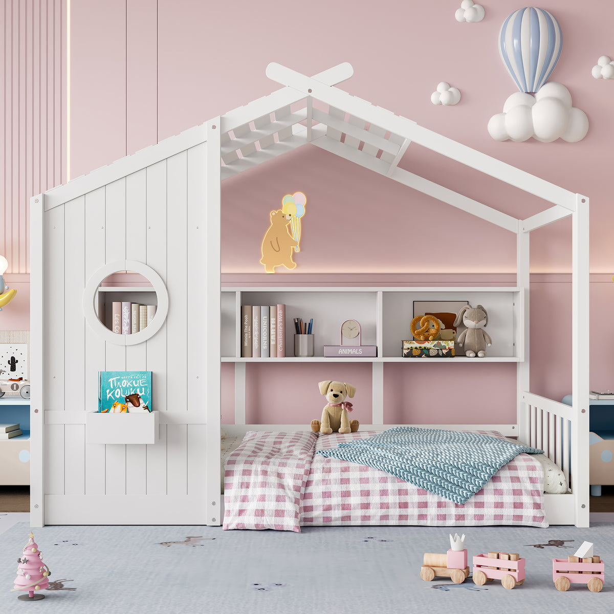 variant-group:rf-n733p335064k|Roomfitters Twin Size Floor House Bed with Storage Shelf and Roof Design, Montessori Playhouse Bed, White