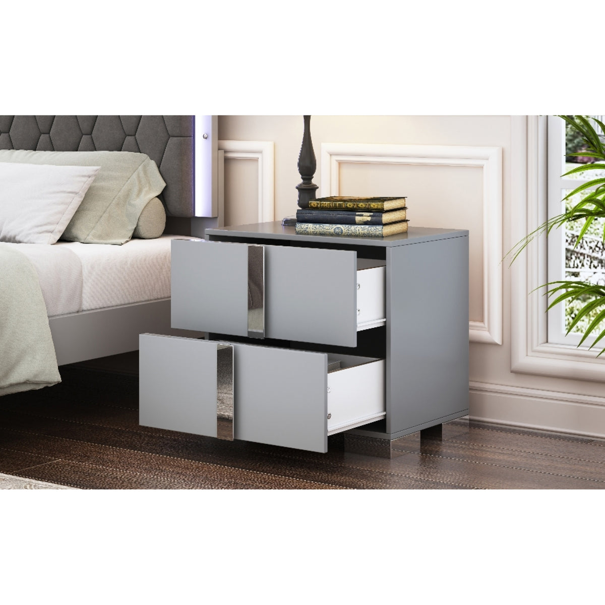 variant-group:rf-n733p307938g|Roomfitters Elegant Mirrored Nightstand with 2 Drawers and Metal Handle, Bedside Table for Bedroom or Living Room, Gray