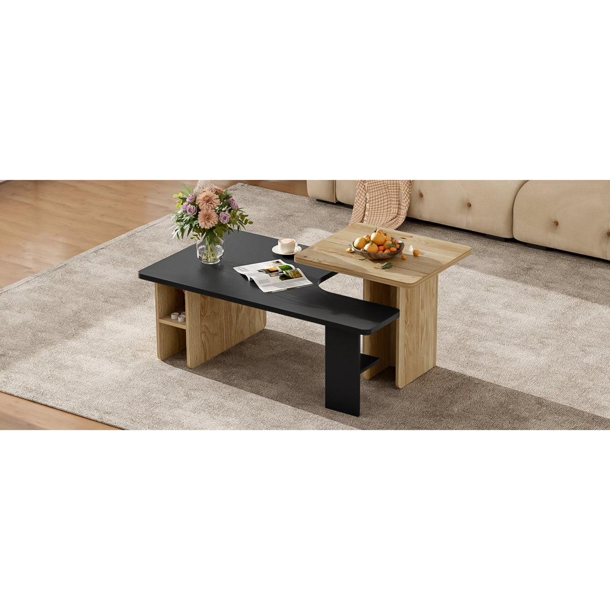 variant-group:rf-n724p294661b|Roomfitters Farmhouse Nesting Coffee Table Set of 2, Rectangle Wood Finish Accent Tables for Living Room and Sofa Side, Black