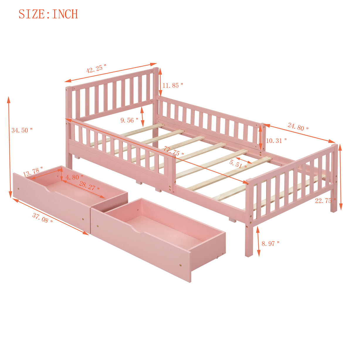 variant-group:rf-n733p172696h|Roomfitters Twin Size Wood Platform Bed with Guardrails and Two Storage Cabinets, Pink