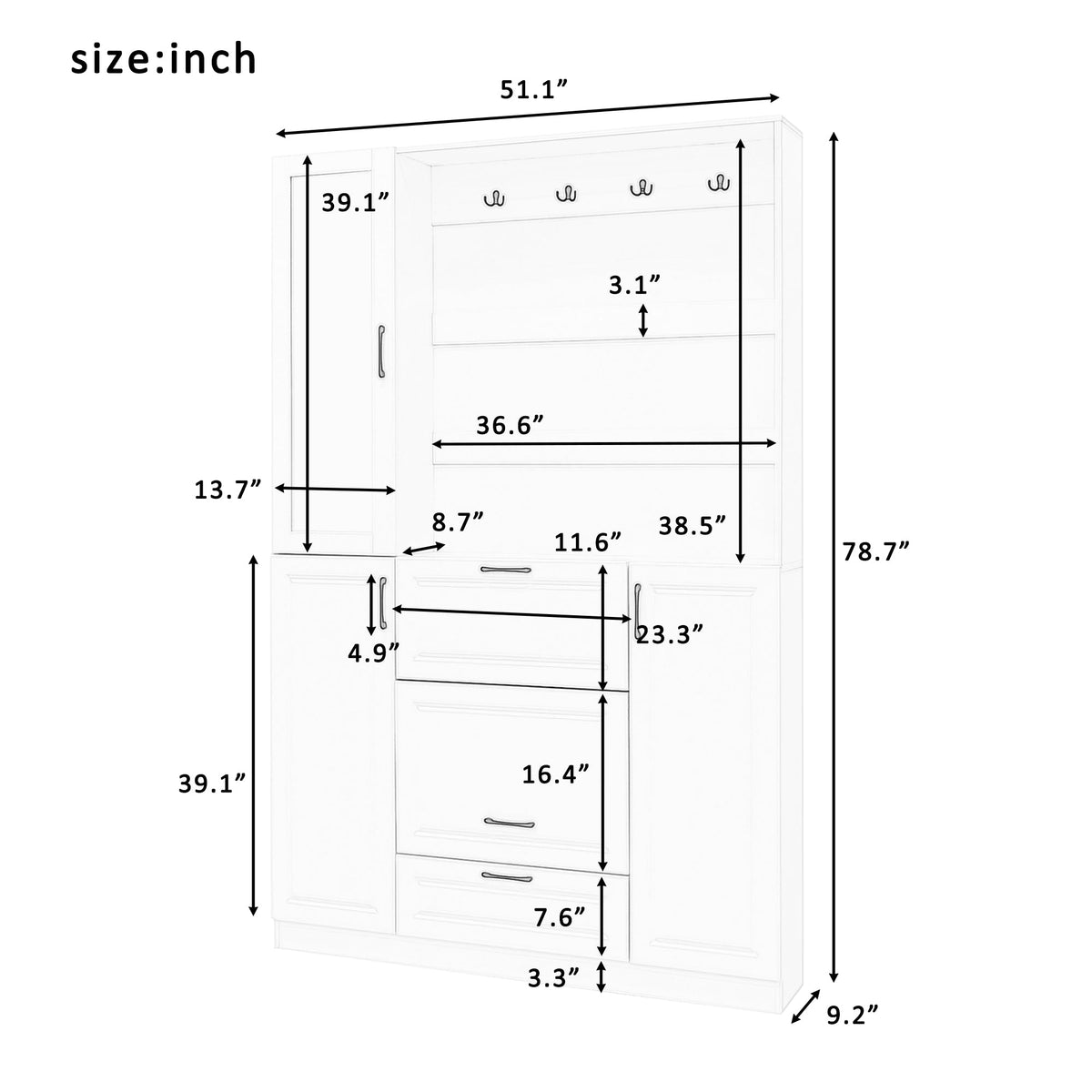 Roomfitters Hall Tree with Shoe Cabinet and Mirrored Door, 4 Hooks and Bench Storage Organizer, White Roomfitters