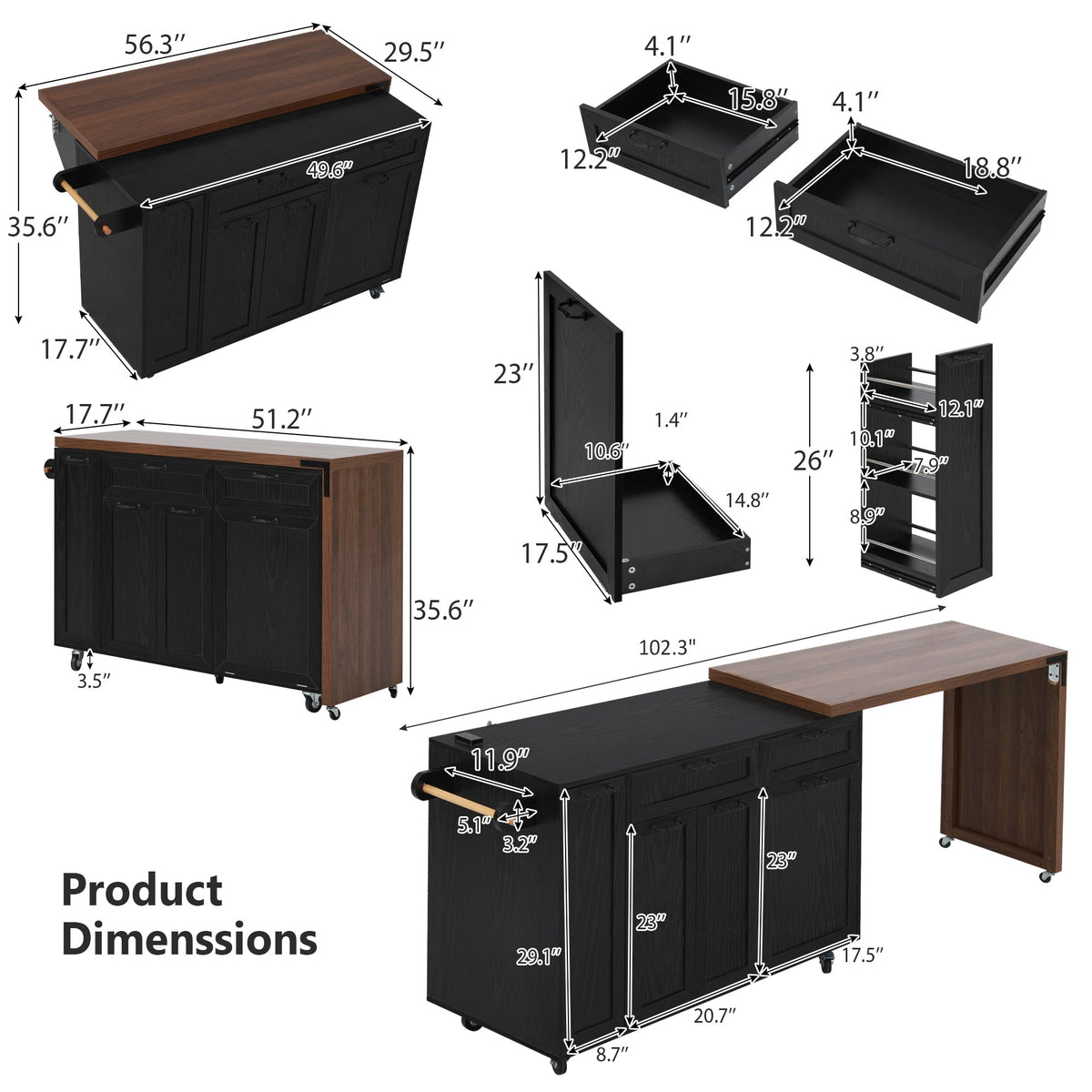 variant-group:rf-n707s000026b|Roomfitters 102.3" Kitchen Island with Tilt Out Trash Can Cabinet, Rolling Storage Cart, Slide-out Spice Rack, Black