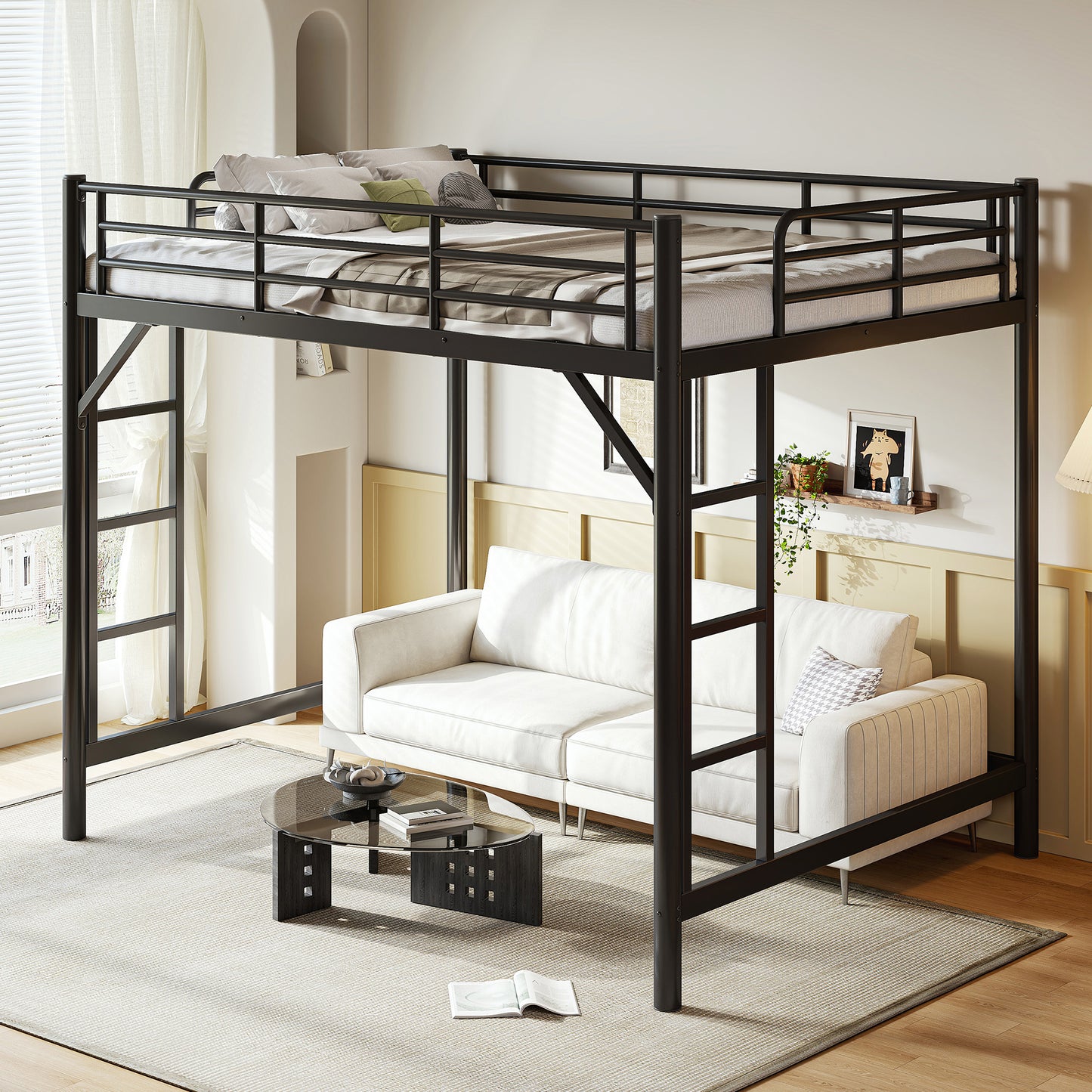 variant-group:rf-w1580p455017|Roomfitters Queen Size Metal Loft Bed Frame with Guardrails, Heavy Duty Space Saving High Loft Bed Dual Ladders, Black