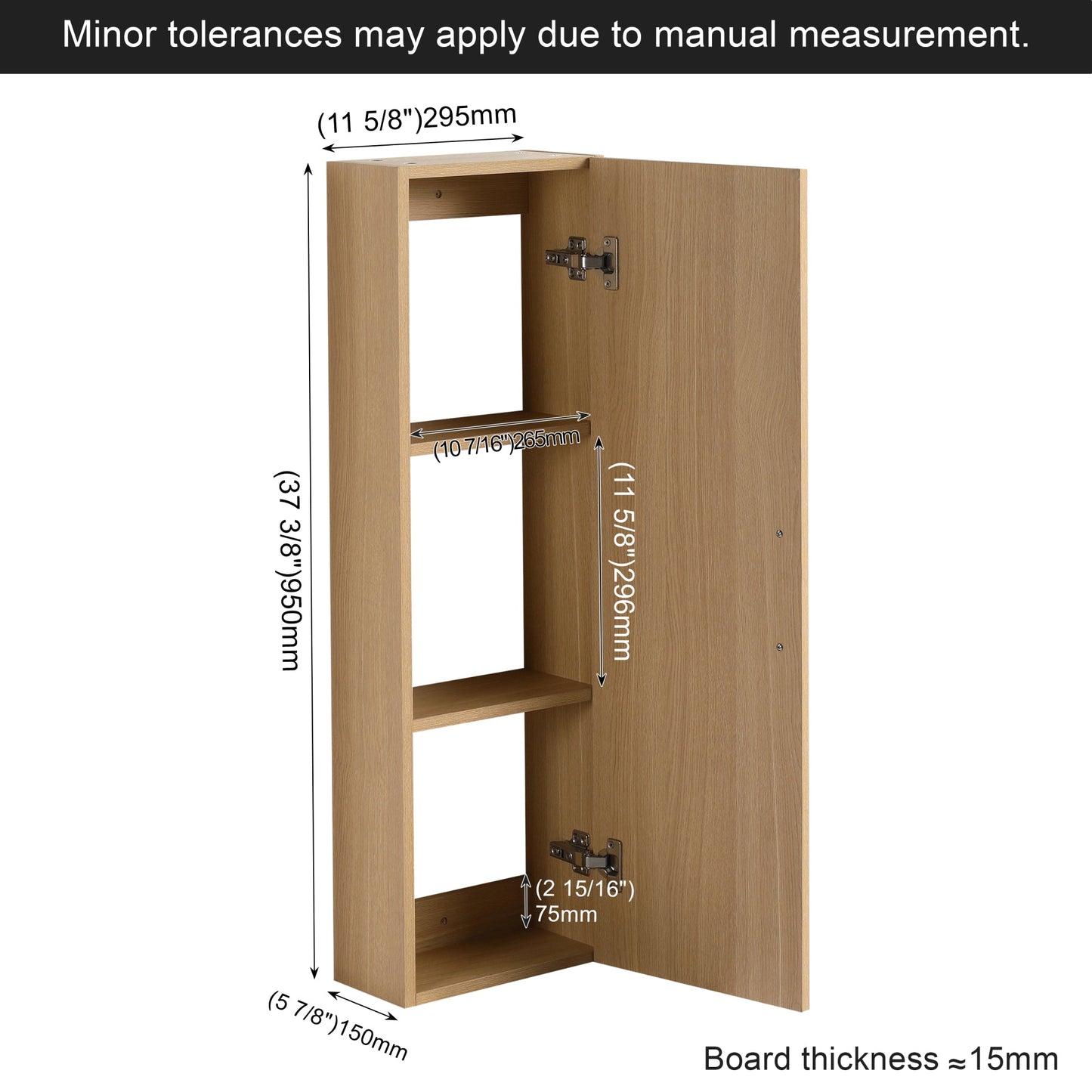 12" Tall Floating Bathroom Side Cabinet, Light Oak Plywood Linen Cabinet, Wall-Mounted Single Door Storage with Black/Aluminum Handles Roomfitters