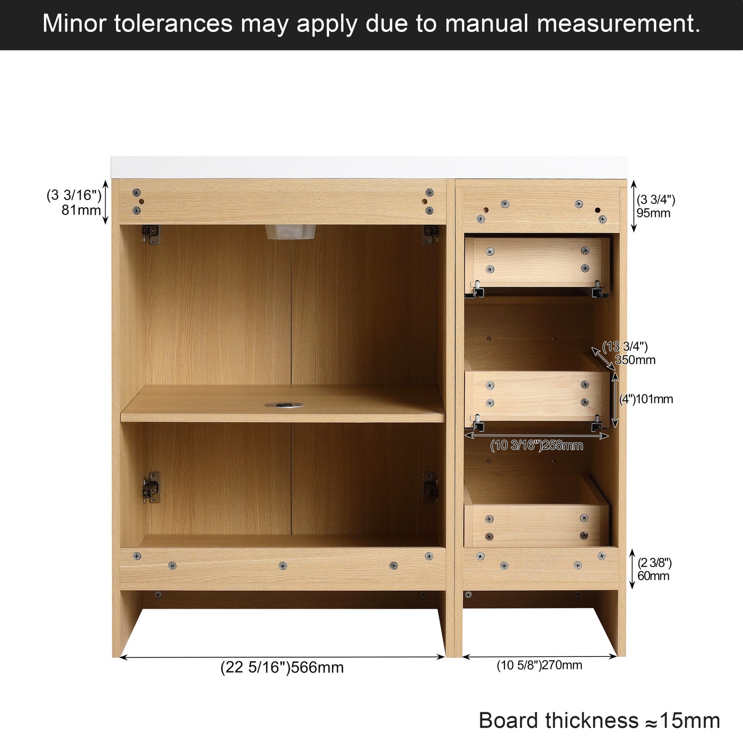 36" Modular Freestanding Bathroom Vanity with 36" Resin Sink Top, Light Oak, 2-Piece Cabinet (24" 2-Door + 12" 3-Drawer), KD Cabinet, Includes Black & Brushed Aluminum Handles Roomfitters