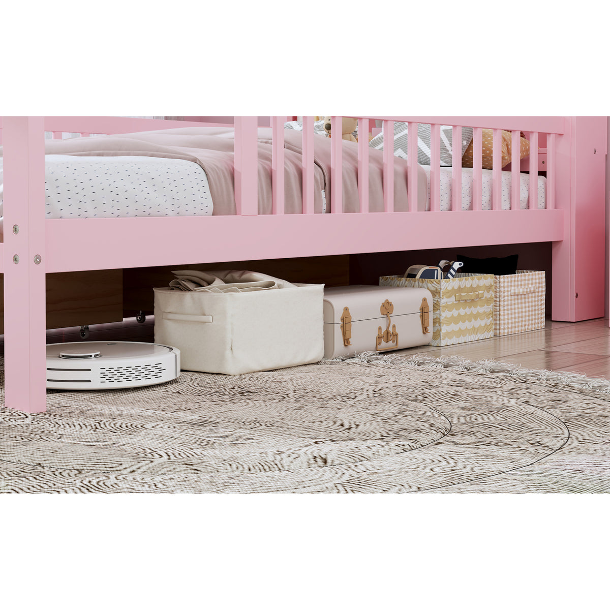 variant-group:rf-n733p272374h|Roomfitters Twin Bed with Headboard Storage Rack, Under-Bed Storage and Three-Side Guardrails, Pink