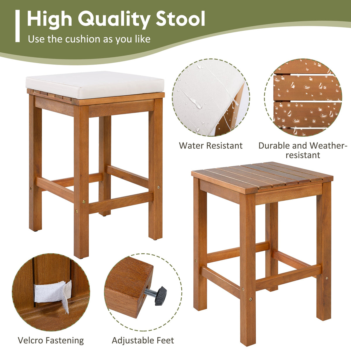 Roomfitters 5 Piece Outdoor Bar Set with High Top Dining Table and 4 Cushioned Backless Stools, Patio Furniture, Beige+Natural Roomfitters
