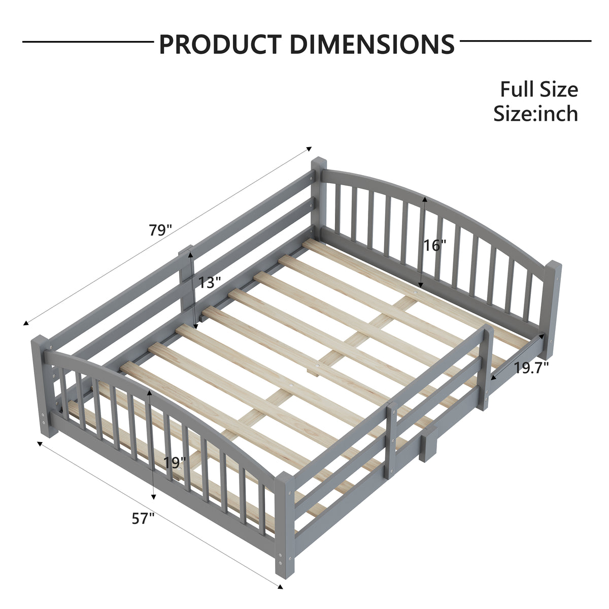 variant-group:rf-n733p400299e|Roomfitters Full Montessori Floor Bed with Guardrails, Solid Wood Low Platform Bed with Slats, Easy Assembly, Gray