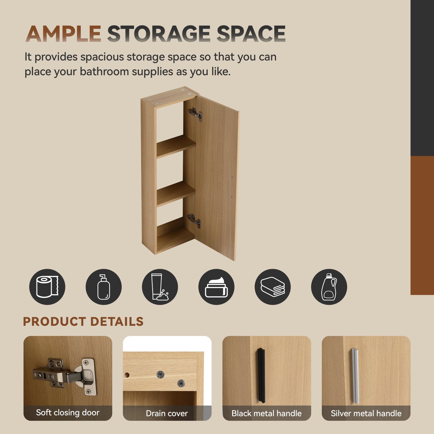 12" Tall Floating Bathroom Side Cabinet, Light Oak Plywood Linen Cabinet, Wall-Mounted Single Door Storage with Black/Aluminum Handles Roomfitters