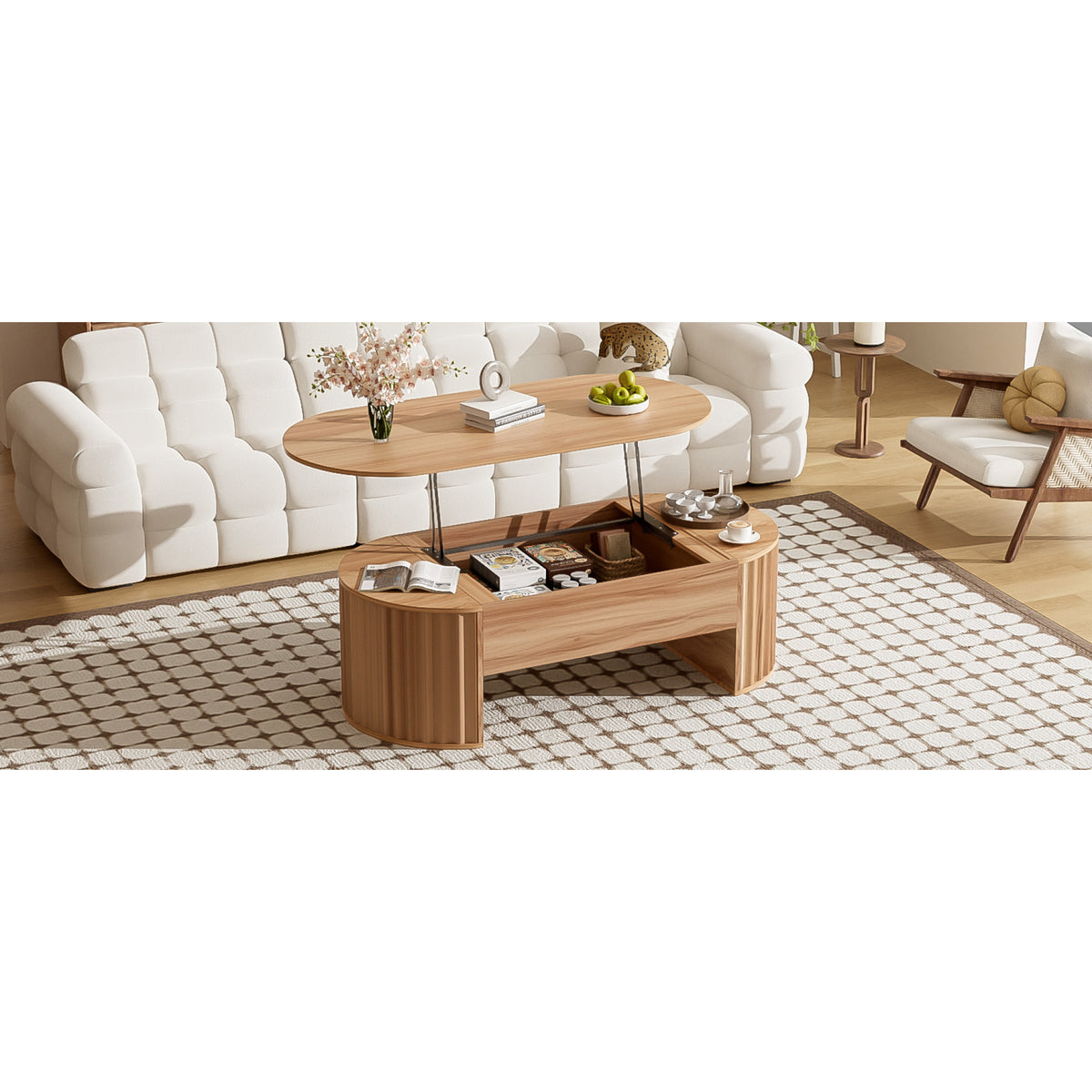variant-group:rf-n724p308481w|Roomfitters Oval Lift-Top Coffee Table with Hidden Compartment, Wooden Center Table with Storage, Modern Design, Light Brown