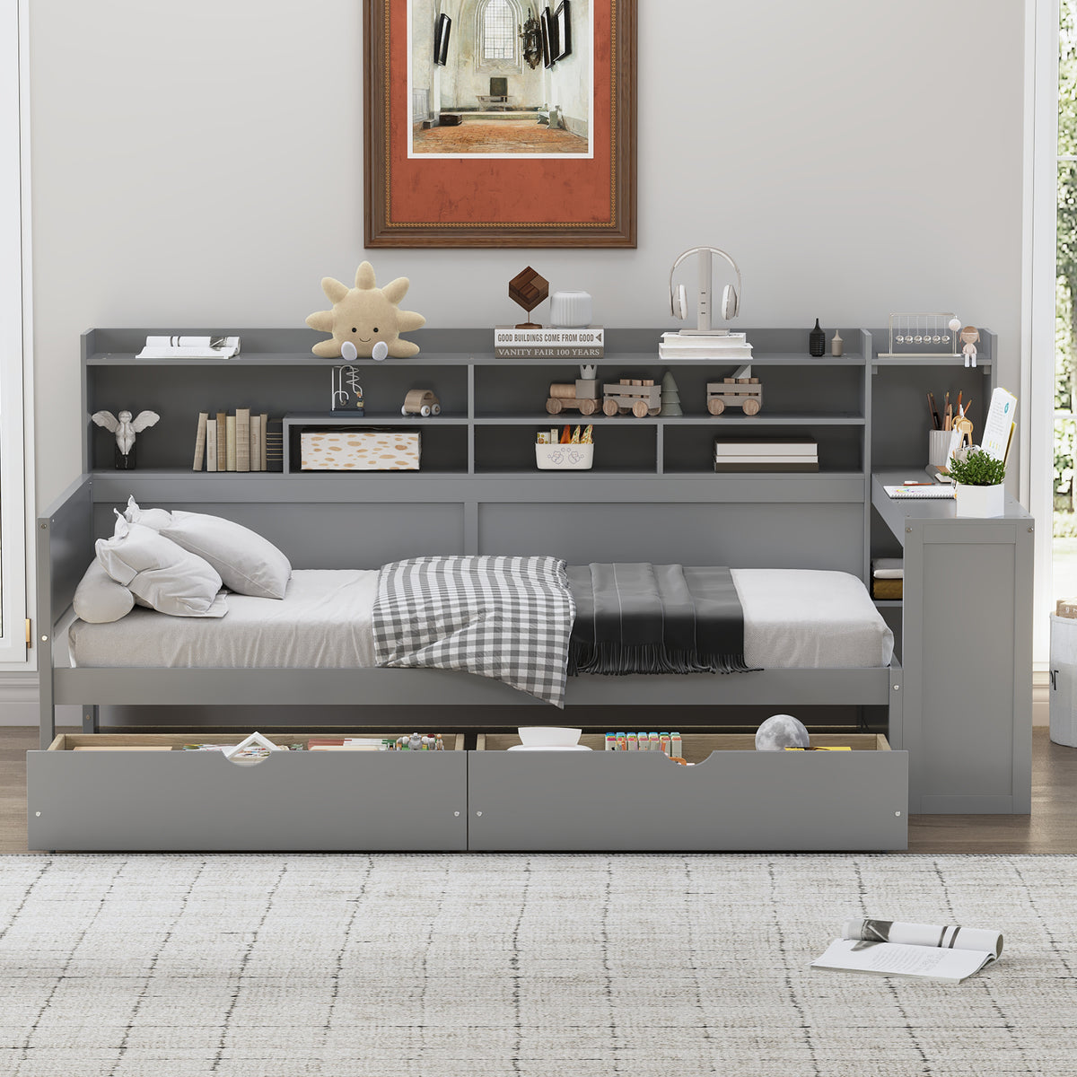 variant-group:rf-n733s241484e|Roomfitters Wooden Twin Size Daybed with Storage Shelves, Multi-functional Bed with Two Storage Compartments and Study Desk, Gray