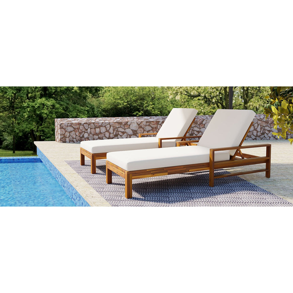 Roomfitters Modern Acacia Wood Outdoor Patio Chaise Lounge Chairs, Set of 2 Wide-Deck Reclining Sunbeds, Beige Roomfitters