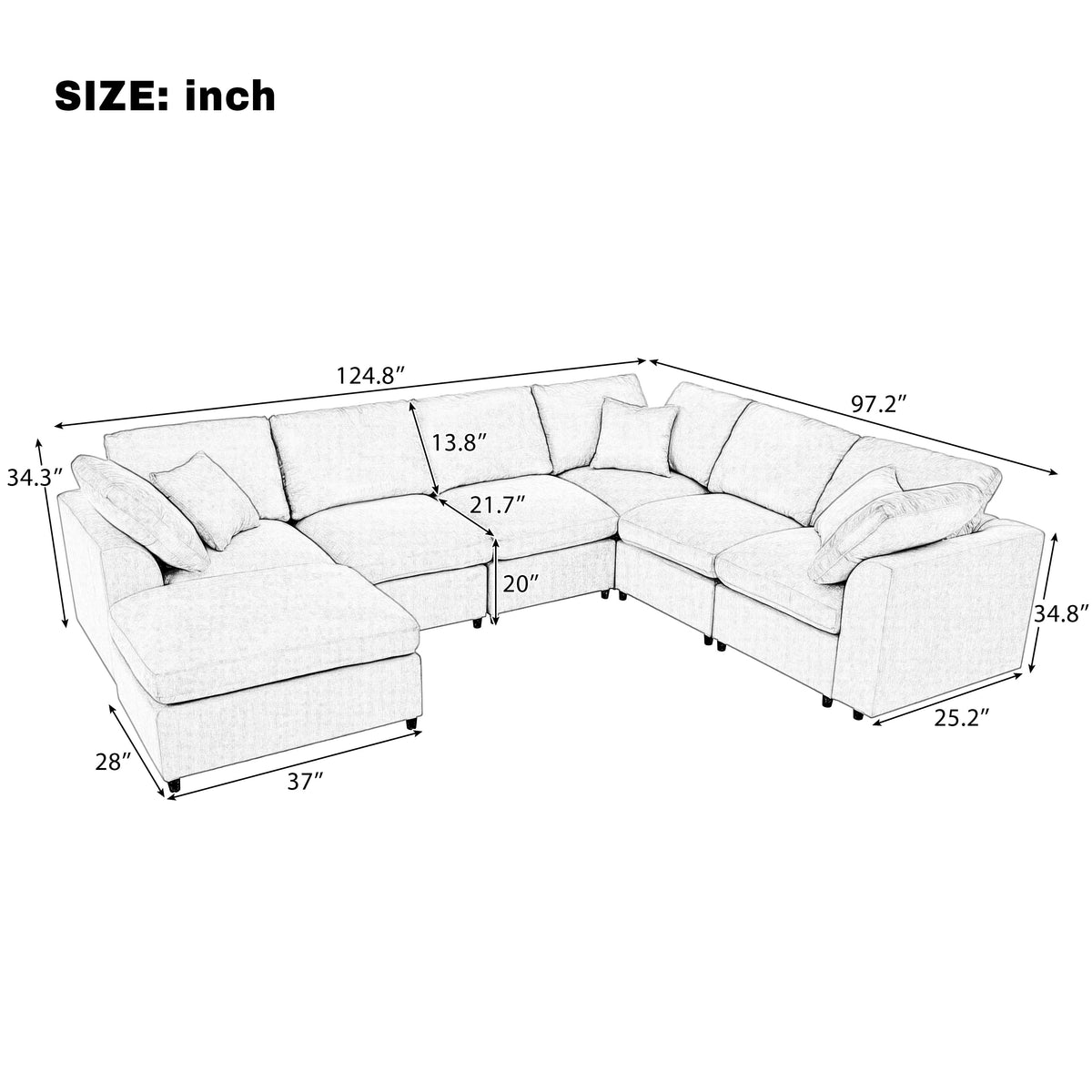 Roomfitters 124.8" 7-Seater Modular Sectional Sofa, Large Modern L-Shaped Upholstered Couch with Ottoman for Living Room, Beige Roomfitters